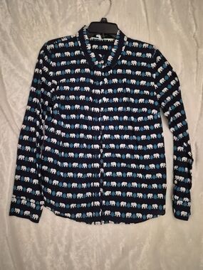 Crown & Ivy Petite Elephant Print Cotton Button Front Blouse Medium Blue